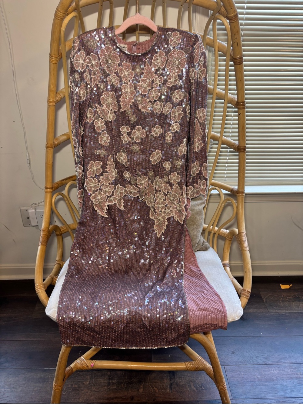 Judith Ann Creations Sequin Floral Embellished Long Sleeve Dress - Dusty Rose